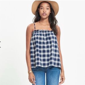 Madewell Indigo Plaid Strappy Tank Top Small Blue Ruffle Tie Back Loos Fit GUC